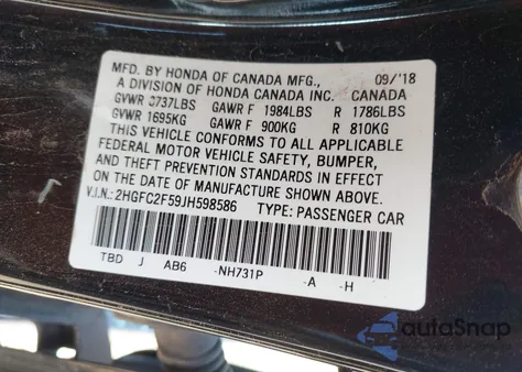 2018 Honda Civic Lx z USA, uszkodzony, nr VIN 2HGFC2F59JH598586